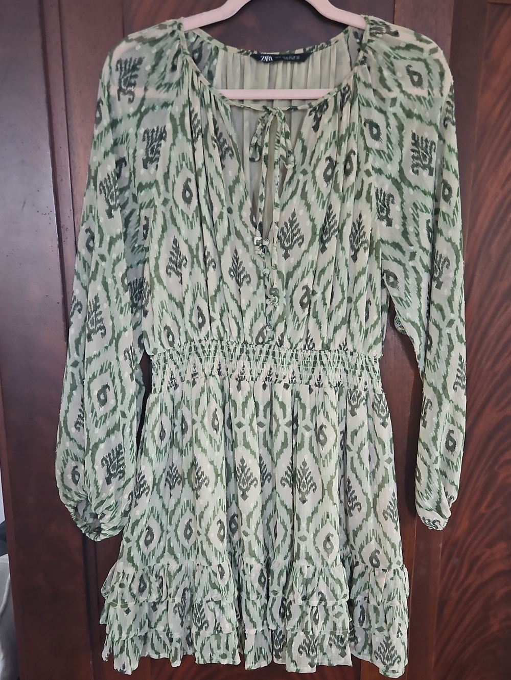 Zara Green Ikat-Print Long Sleeve Smocked Waist Dress - Size Small